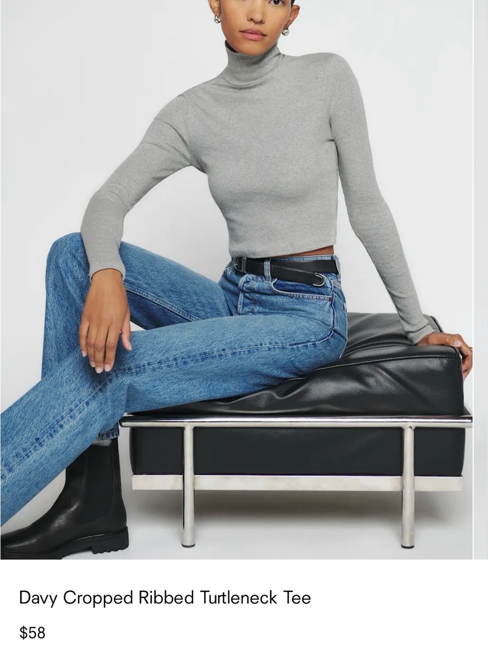 Reformation Davy Cropped Ribbed Turtleneck Tee Heather Grey - Size XS